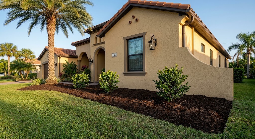 The same bed freshly mulched with new shrubs planted in Clearwater, FL